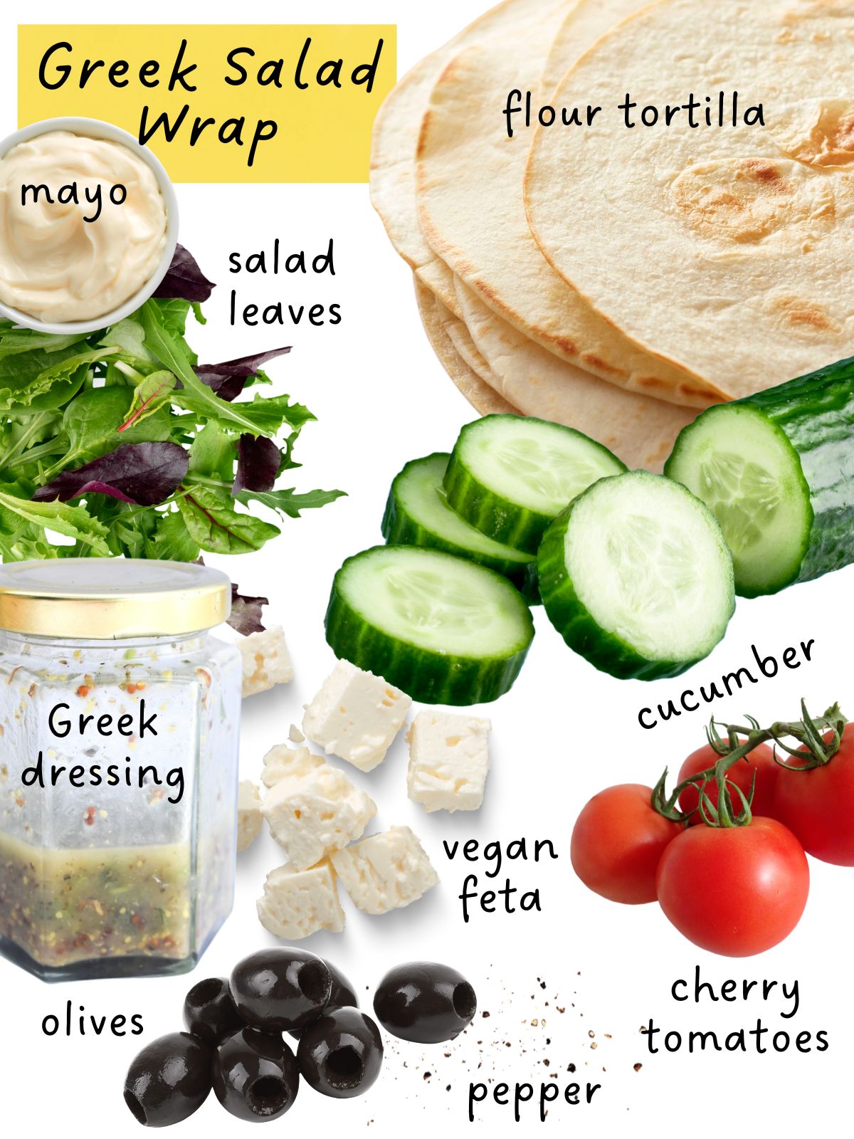 Greek Salad Wrap Ingredients including wraps, salad, vegan cheese & dressing.