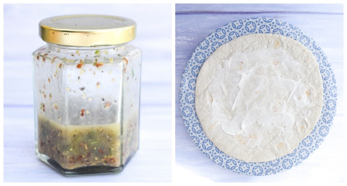 greek salad wrap step 1 - make the dressing and spread mayo on the wrap.