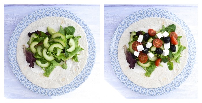 greek salad wrap step 2 - add the salad, olives and vegan feta.