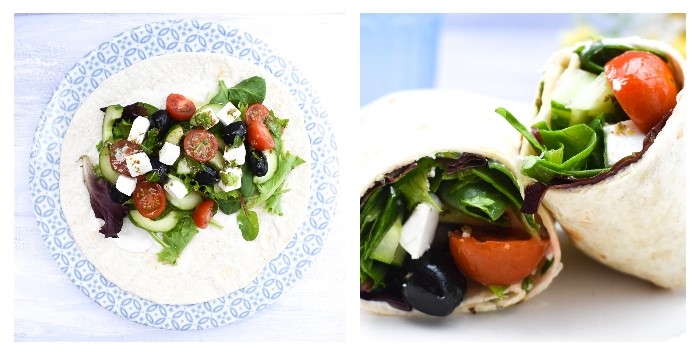 greek salad wrap step 3 - Add the dressing, the wrap tightly and curt in half before serving.