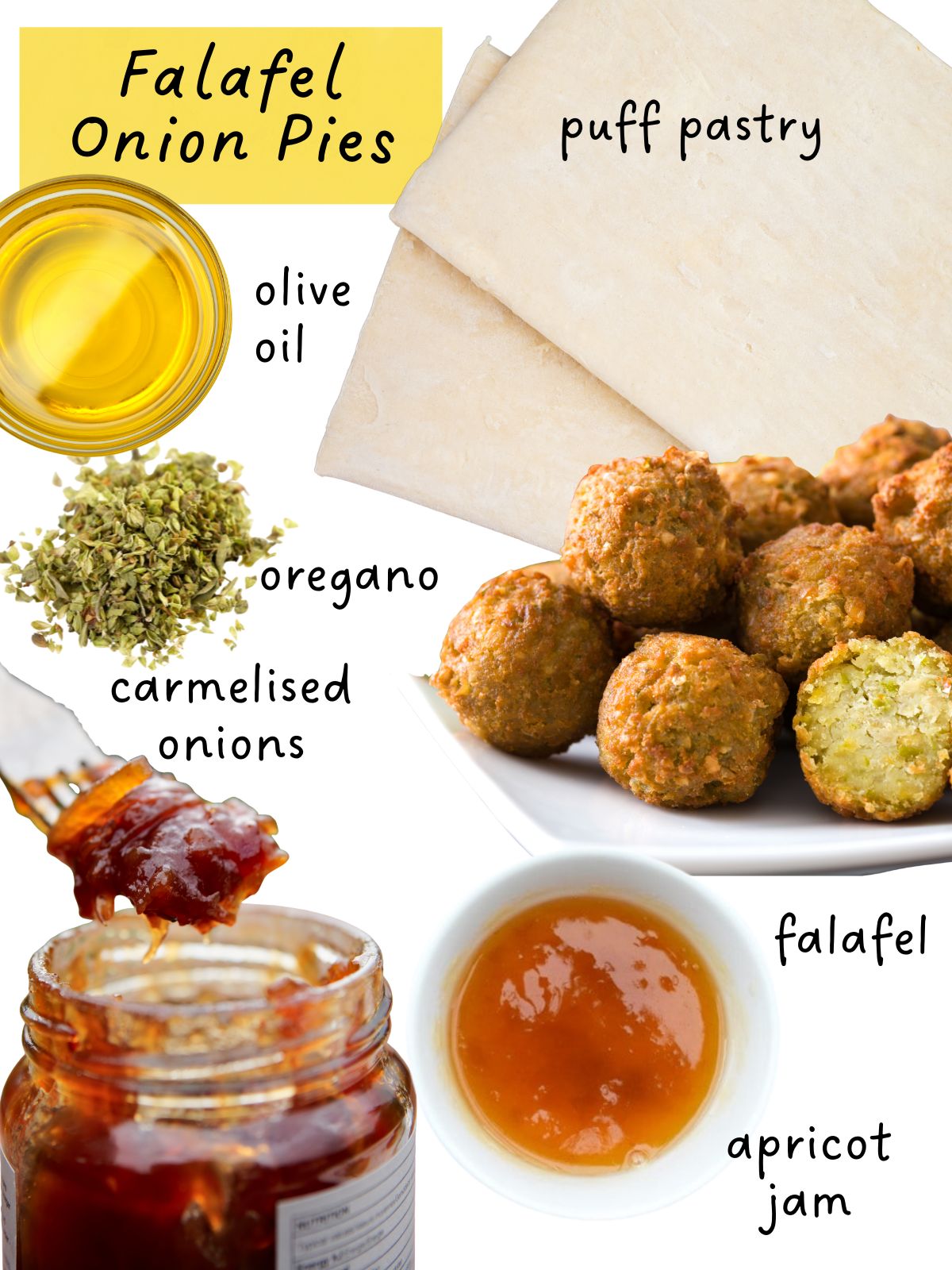 Falafel pie ingredients including puff pastry, falafel and apricot jam.