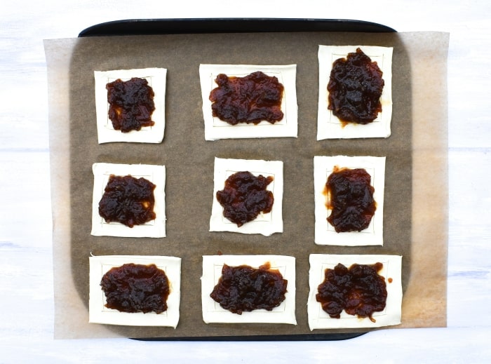 Mini Falafel Pies - Step 3 - spread the caramelised onions in a layer inside the borders.