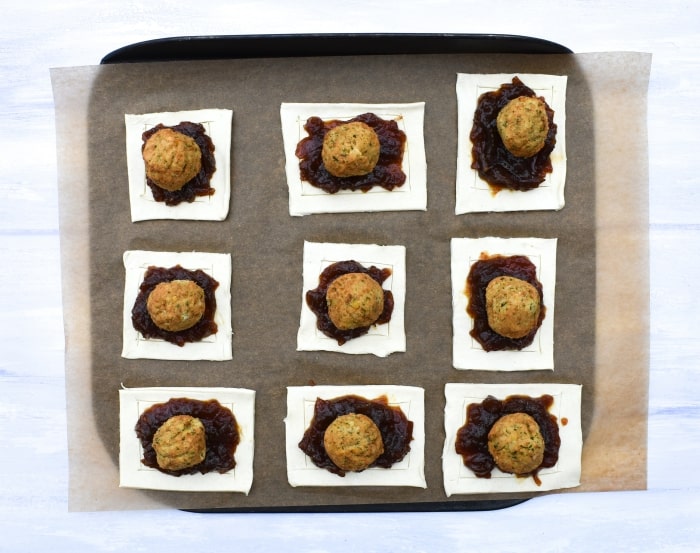 Mini Falafel Pies - Step 4 - top each pastry with a falafel, you can half them if the falafel are big.