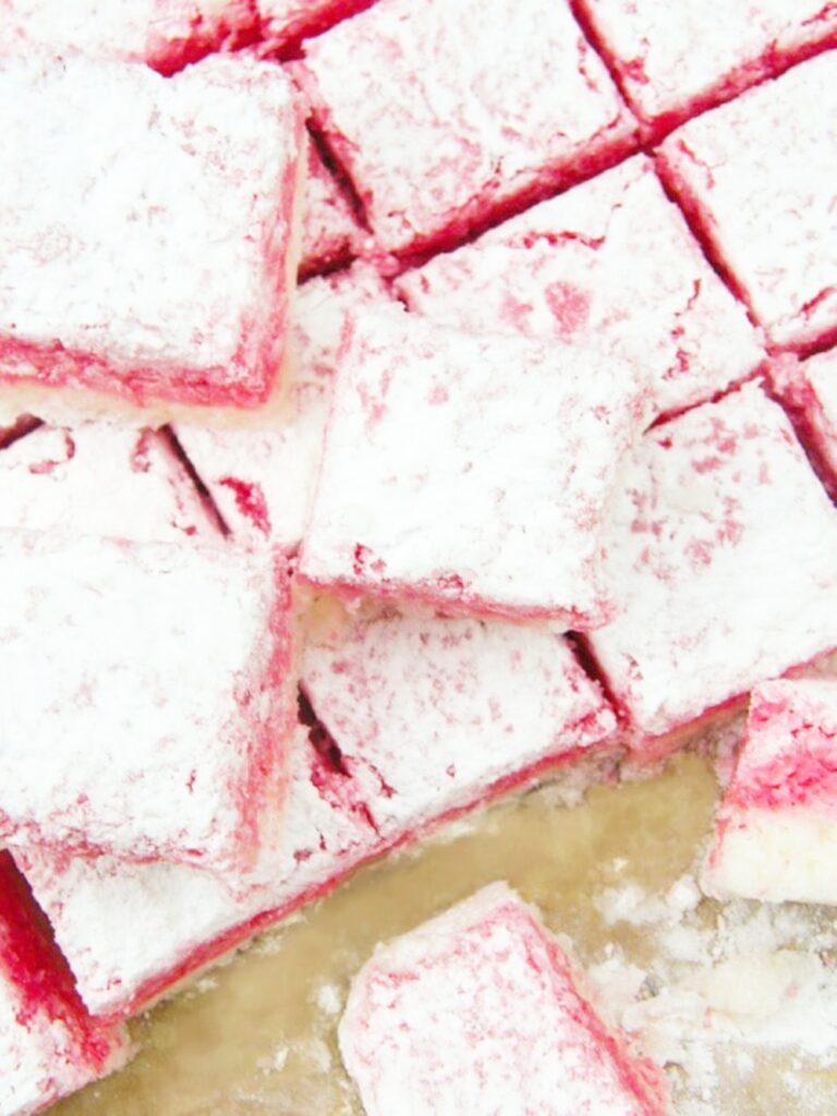 Vegan coconut ice cut into squares