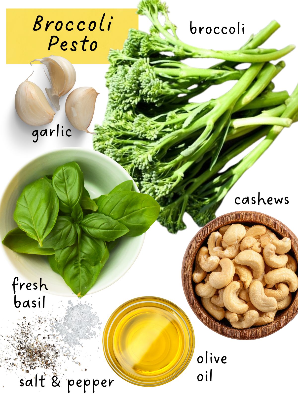 broccoli pesto ingredients including broccoli nuts, basil and garlic.