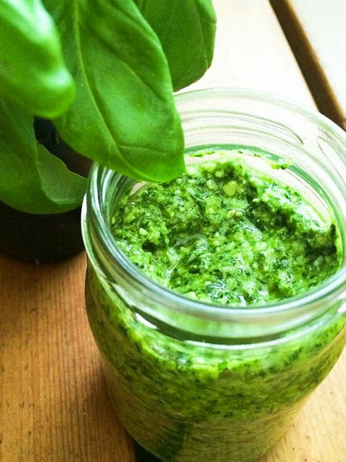 Homemade vegan pesto in a jam jar