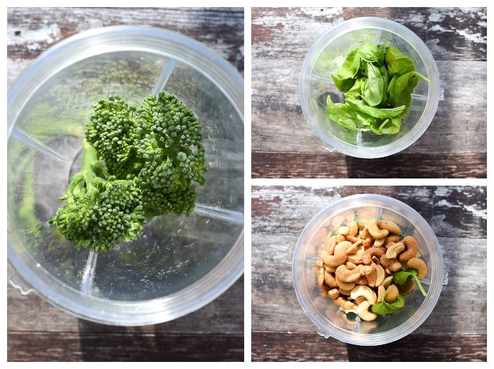 making broccoli pesto - step 1 - add ingredients to a blender or food processor.