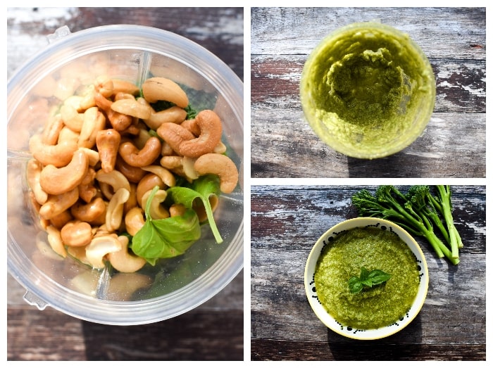 making broccoli pesto - step 2 - Add the olive oil, season and blend.