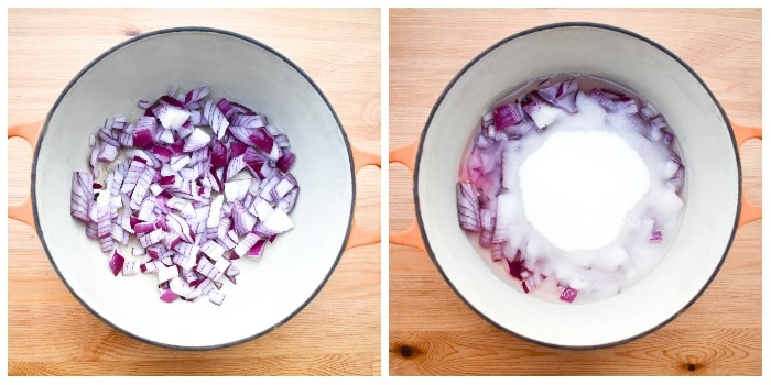 making rhubarb chutney - step 1 - sterilise your jam jars then add the onion, sugar, salt and vinegar to a pan.
