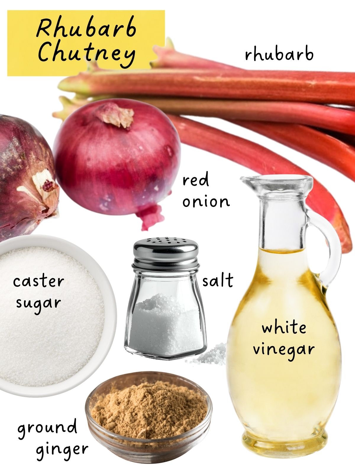 rhubarb chutney ingredients including rhubarb, onion, sugar and vinegar.