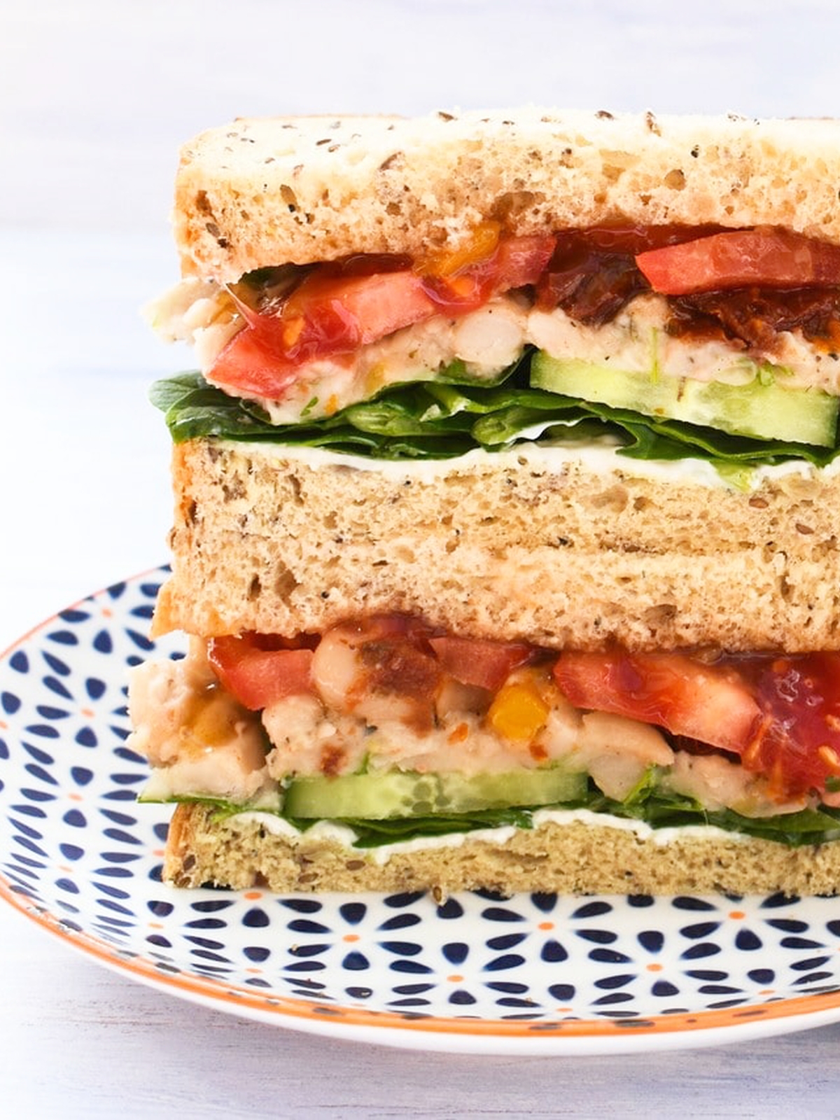 Vegan Italian White Bean & Tomato Sandwich on a patterned plate.