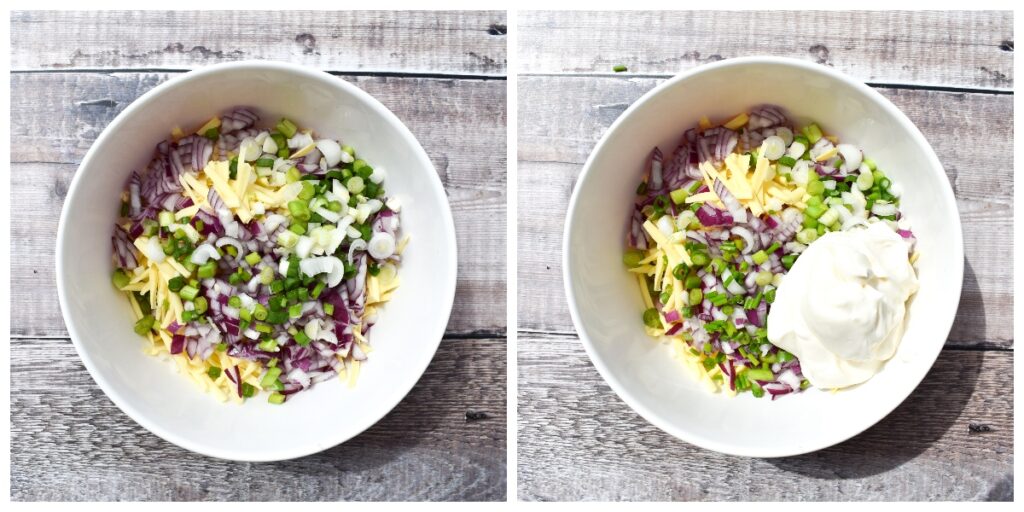 Making cheese and onion sandwich - step 2 - spring onion and mayo