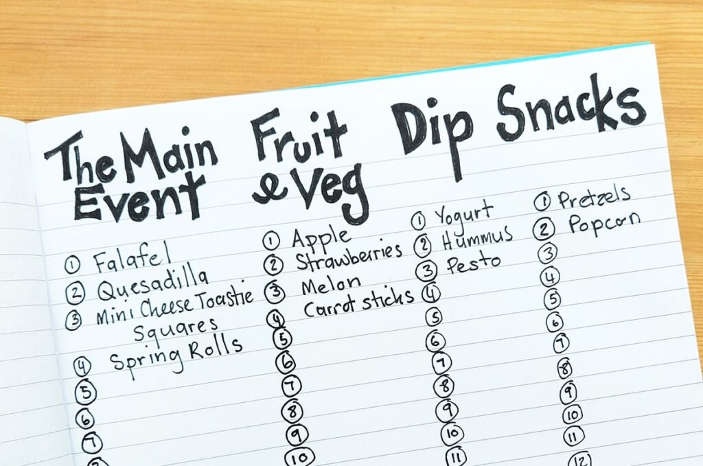 picky eaters meal plan in a note book