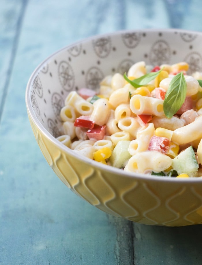 vegan creamy macaroni salad in a bowl.