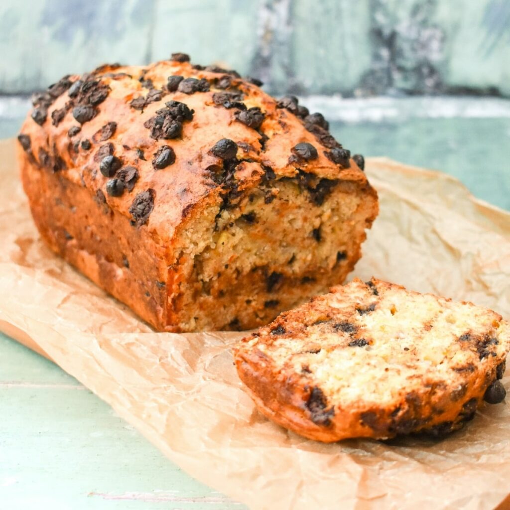 choc orange banana bread on a wooden board