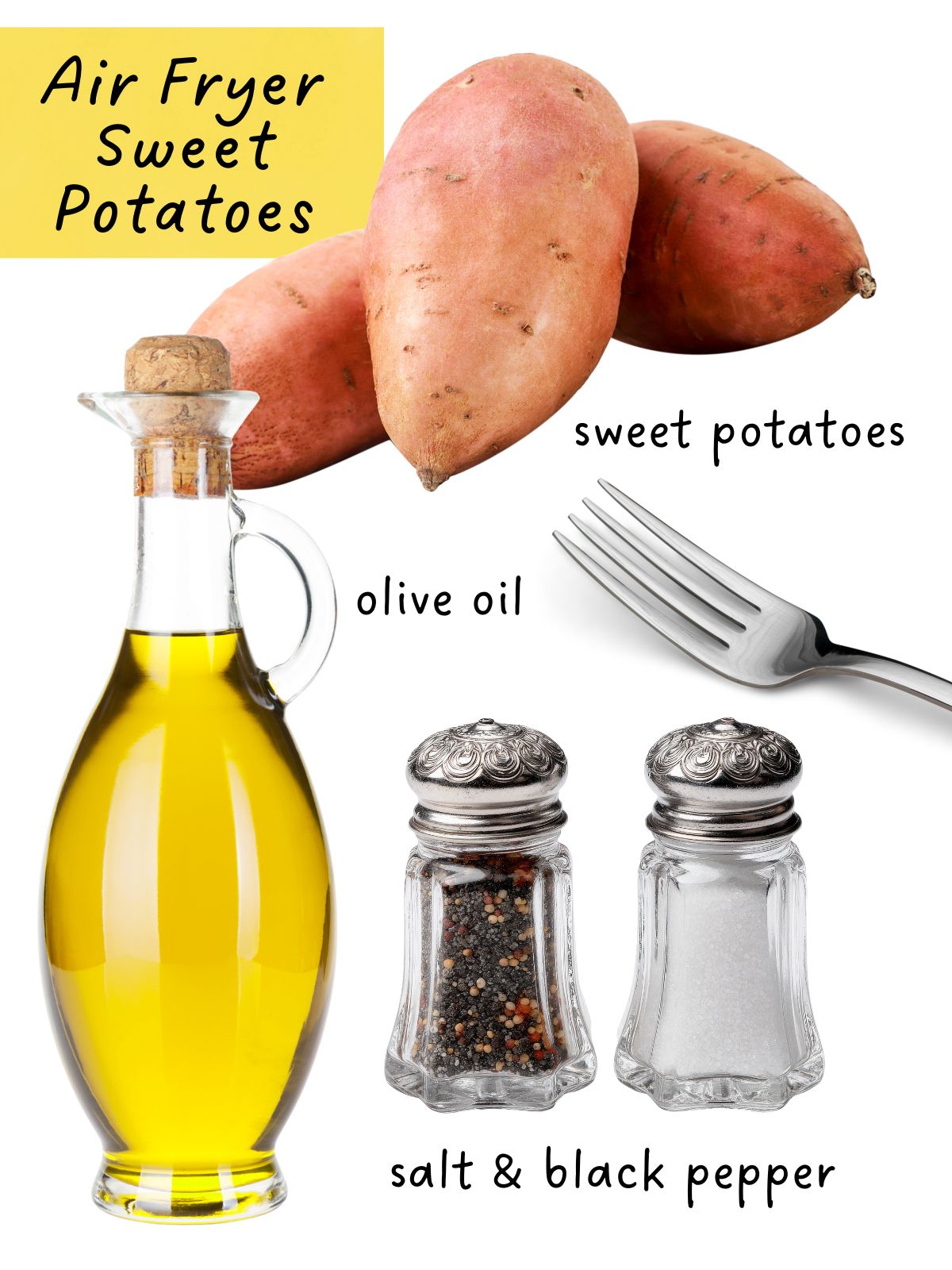 Ingredients for baking sweet potatoes in the air fryer including sweet potatoes olive oil and salt and pepper.