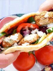 Falafel beet salad wrap with tahini dressing.