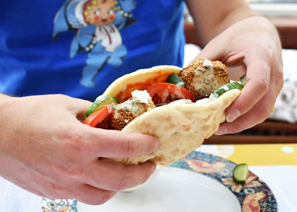 Lebanese falafel sandwich with tahi.ni dressing