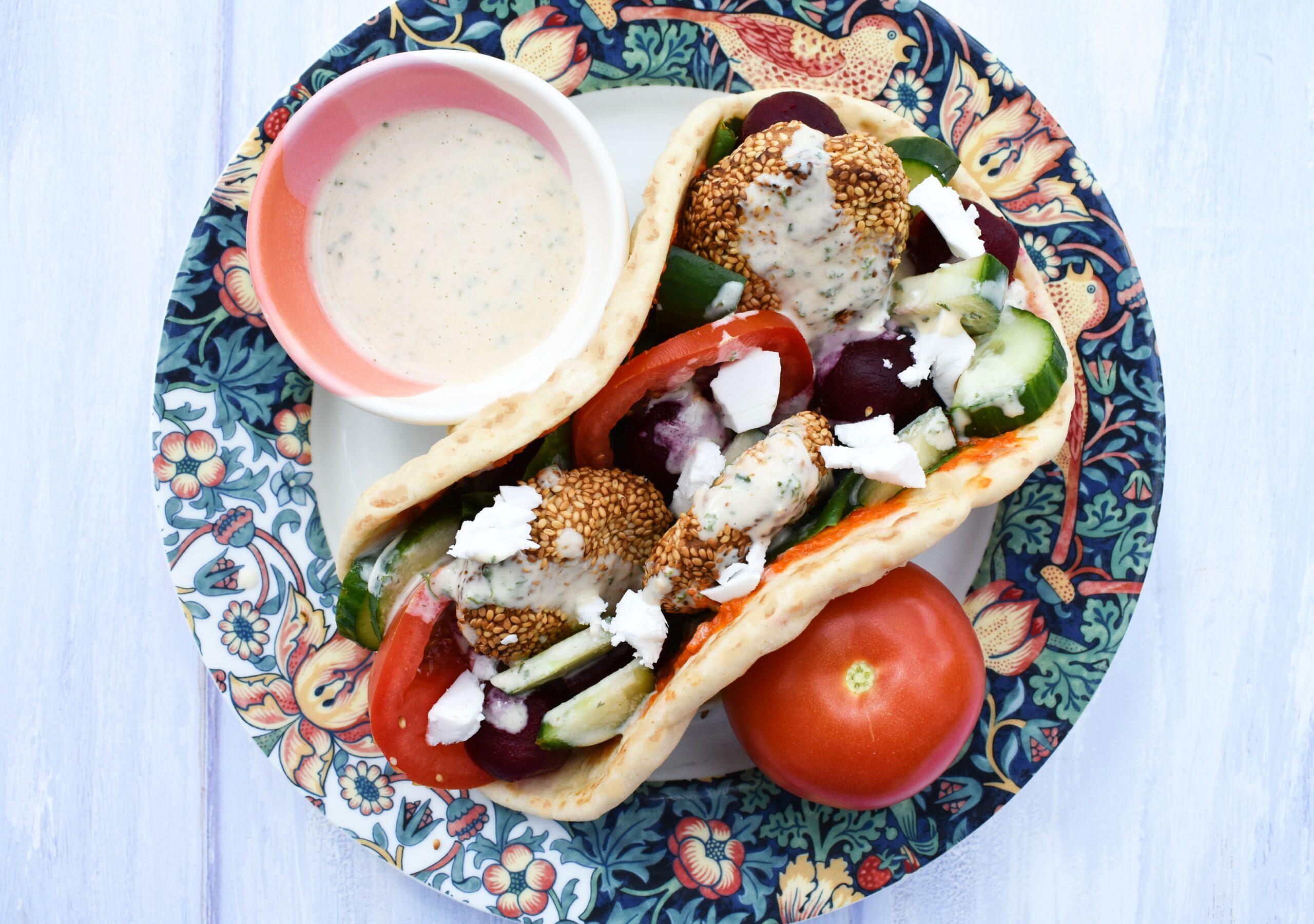Vegan falafel, beet & feta sandwich.