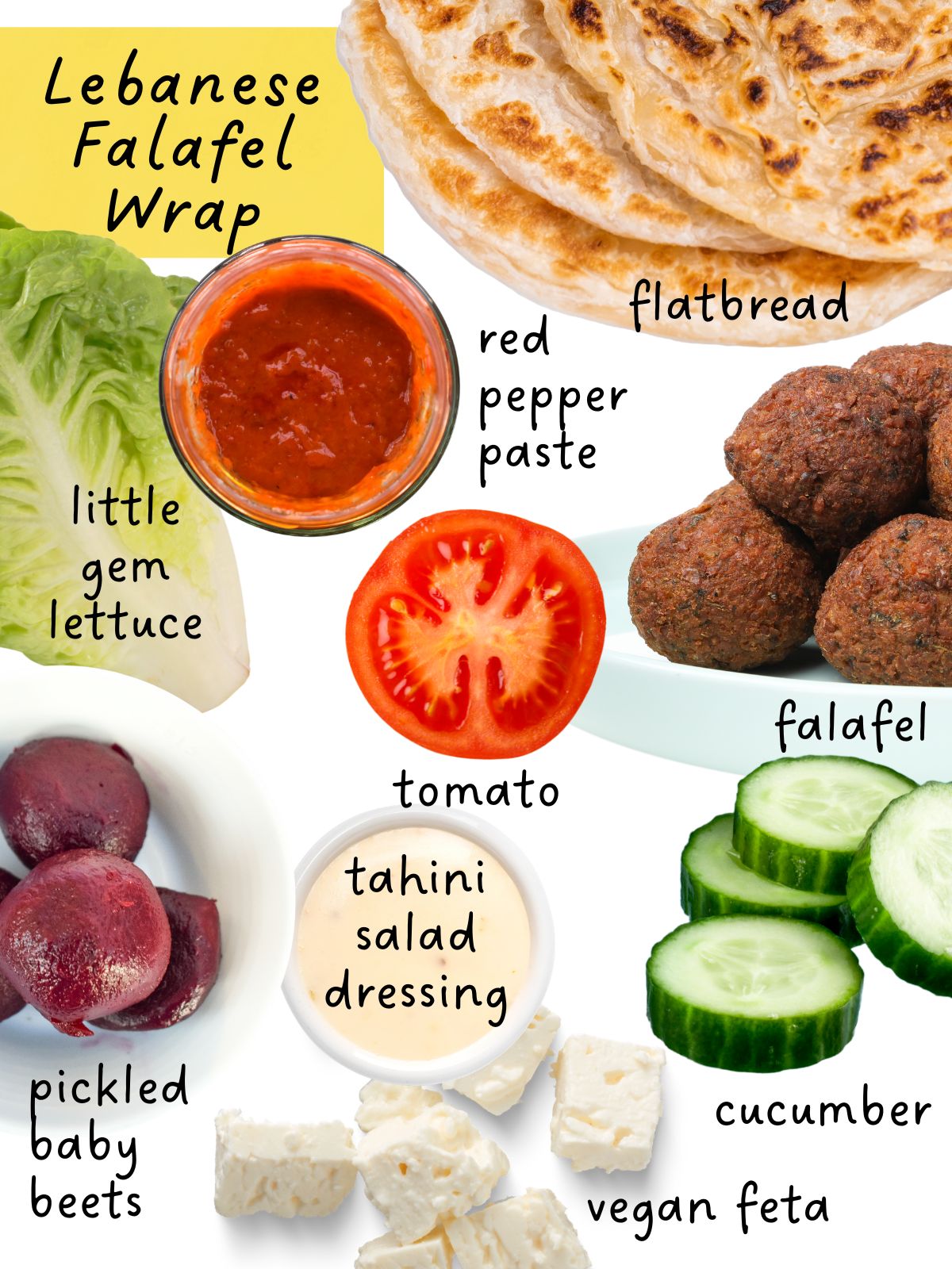 lebanese Flatbread wrap ingredients including flatbread, falafel, salad and dressing.