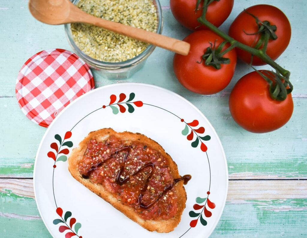 Tomato toast with vegan parmesan