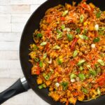 tofu fried rice in a frying pan.