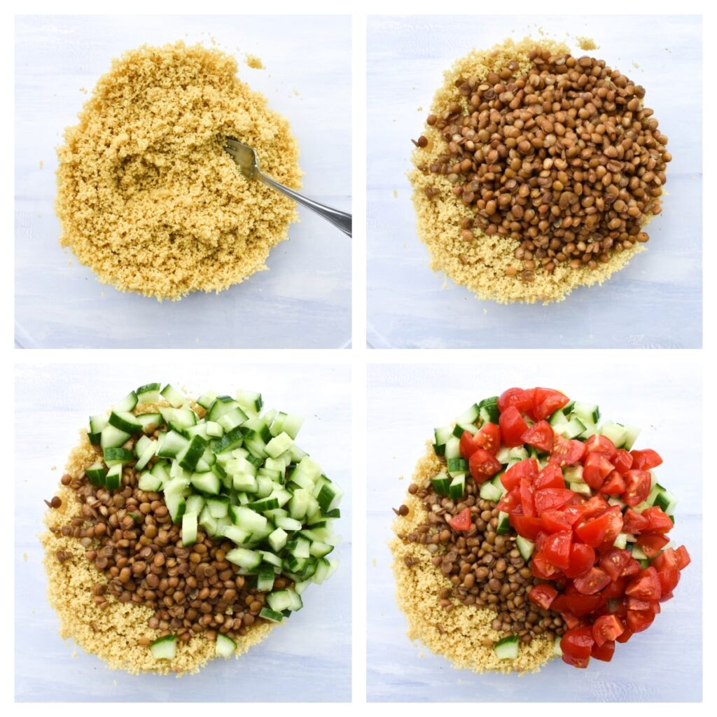 making lentil couscous salad - step 2 - adding lentils.