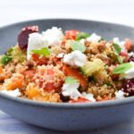 vegan couscous salad with lentils and feta cheese.