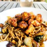 Crispy gochujang tofu noodles.