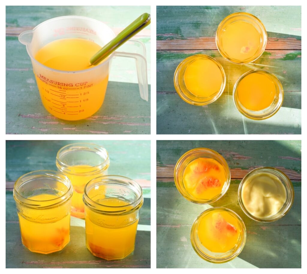 Vegan Orange Jelly Pots - Step 2 - pouring jelly into glasses or jars & leaving to set.