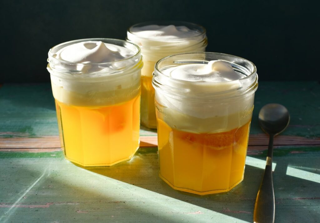 Vegan blood orange jelly pots for dessert.