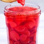 Quick and easy pickled radishes.