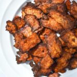 spicy tofu bacon on a plate.