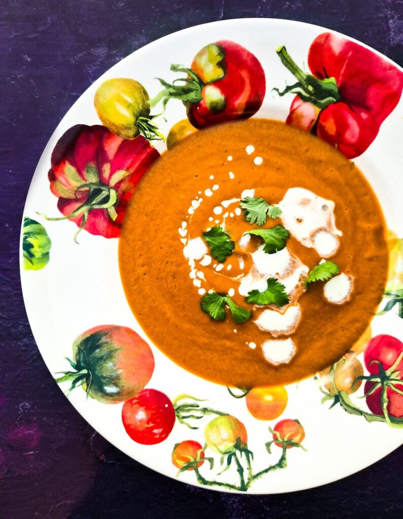 soup maker harissa eggplant and tomato soup in a bowl.