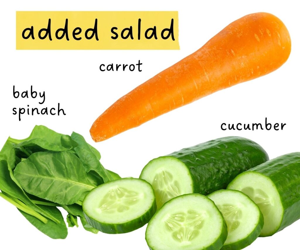 added salad photo including carrot, baby spinach and cucumber.