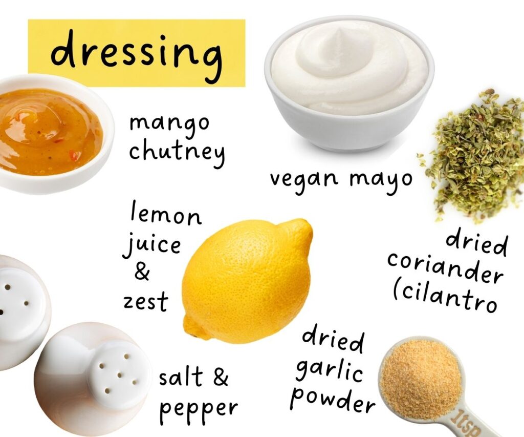 Dressing ingredients photo including mayo, mango chutney, lemon, dried coriander (cilantro), garlic powder, salt and pepper.