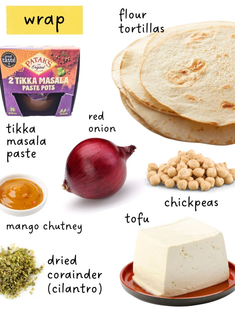 wrap ingredient collage, including tortilla wraps. masala paste, red onion, mango chutney, chickpeas, tofu and dried coriander (cilantro).