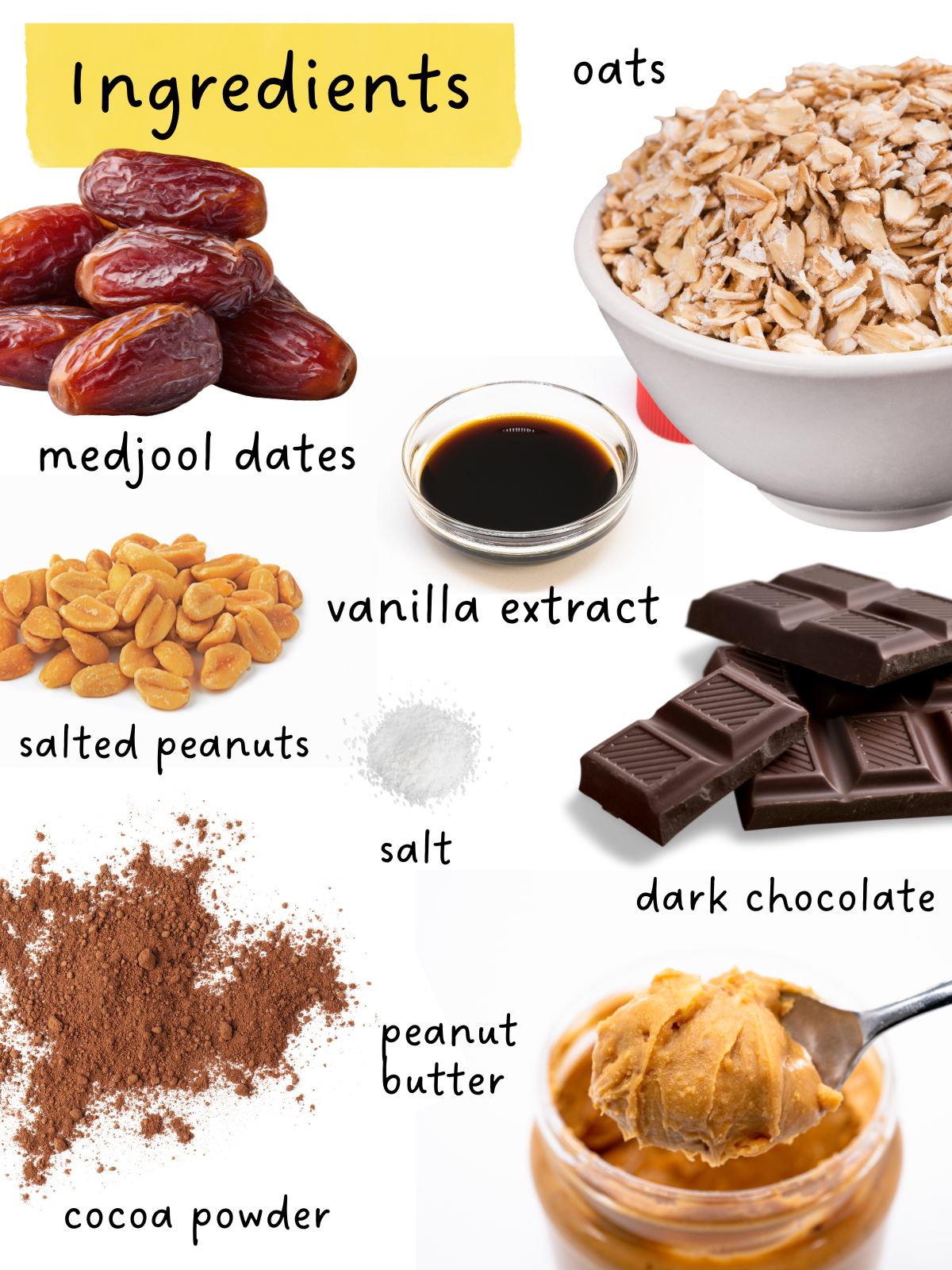 Ingredient photo collage including oats, dates, vanilla extract, dark chocolate, peanuts, cocoa powder, salt and peanut butter.