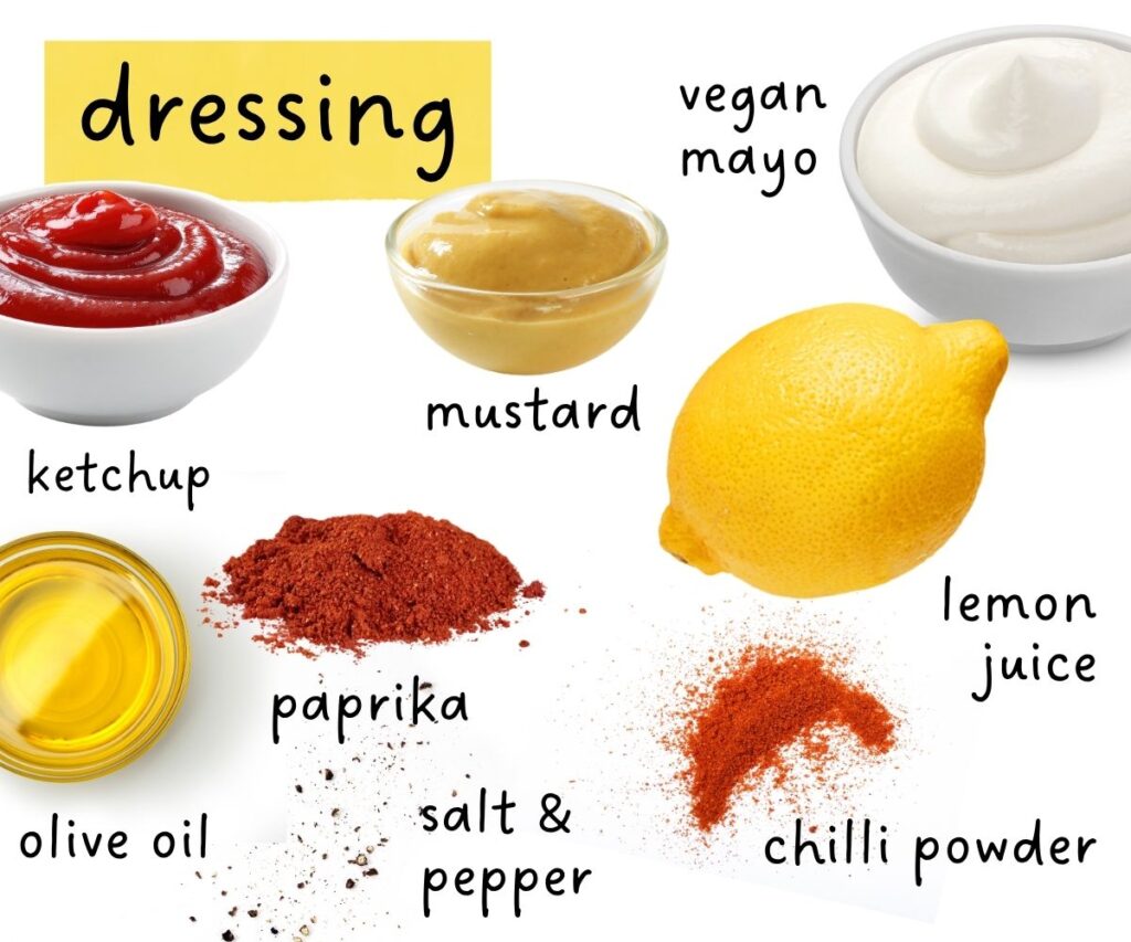 dressing ingredient collage: mayo, ketchup, lemon, mustard, oil, paprika, chilli powder, salt and pepper.