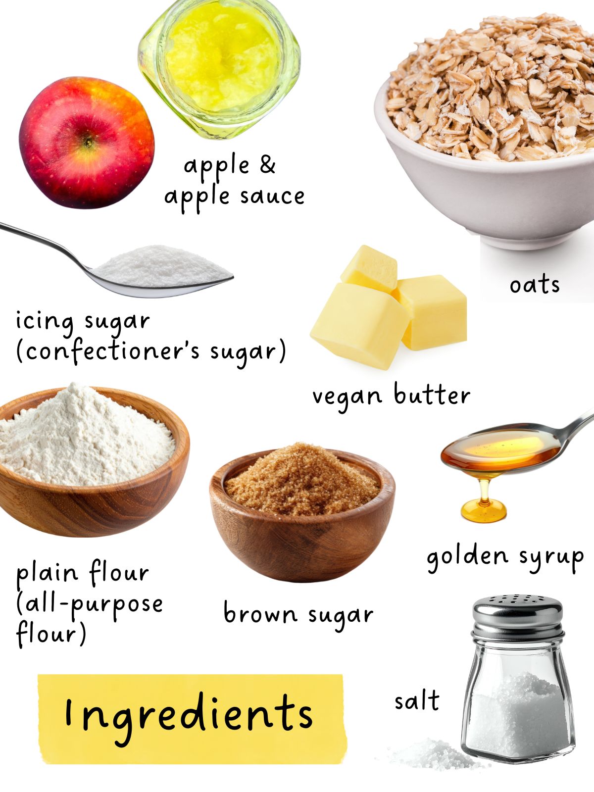 Ingredient image for recipe: apple, apple sauce, oats, butter, flour, icing sugar, brown sugar, golden syrup, salt.
