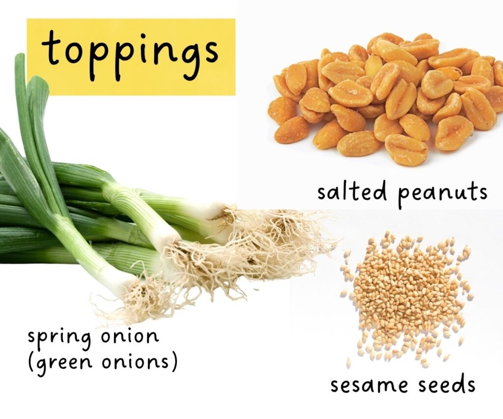 Toppings photo collage including spring onions (green onions), sesame seeds and salted peanuts.