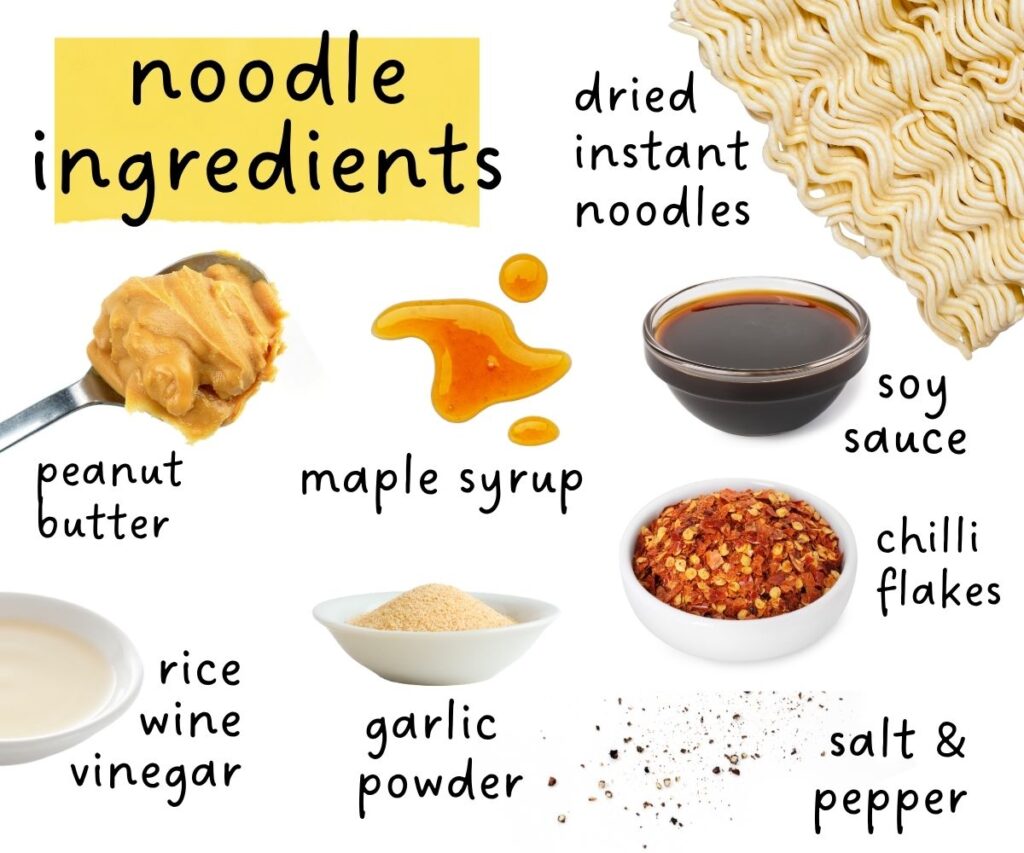 noodle ingredients collage including instant noodles, peanut butter, maple, syrup, soy sauce, chilli flakes, garlic powder, rice wine vinegar, salt & pepper.