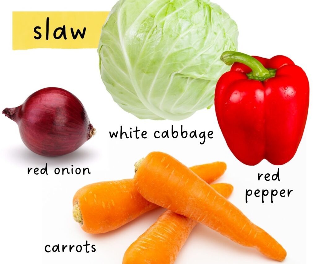 slaw ingredient collage: white cabbage, red pepper, red onion & carrots