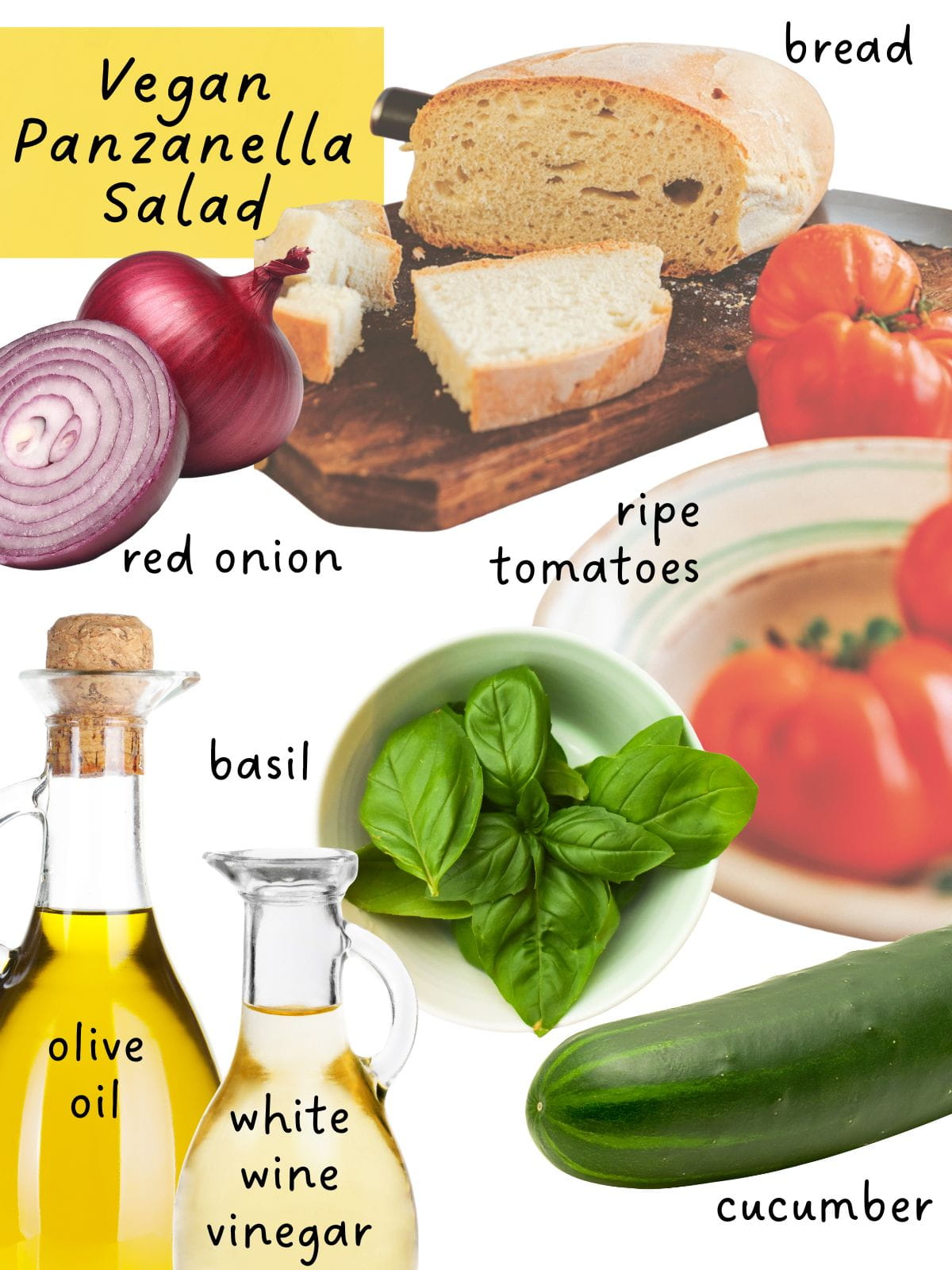 Vegan Panzanella Salad Ingredients including bread, tomatoes and onion.