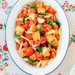 Vegan Panzanella Salad - a Tuscan salad on a serving platter.