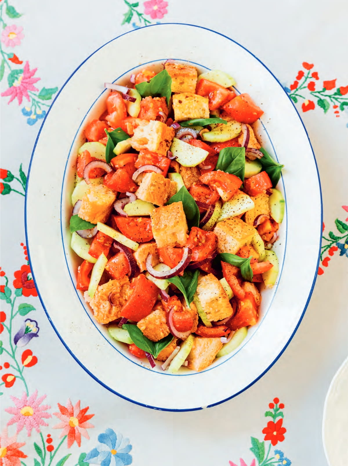 Vegan Panzanella Salad - a Tuscan salad on a serving platter.
