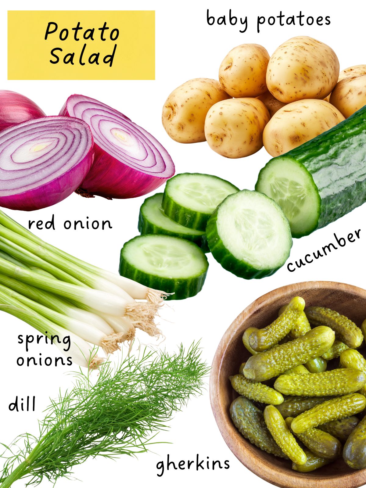 Potato salad ingredients including potatoes, onion, cucumber and gherkins.